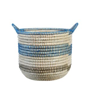 Handwoven Natural Seagrass Storage Basket with Blue Stripe Detail & Handles