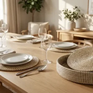 Econesteu STM-91 WHT round seagrass placemat set with holder in natural white finish.