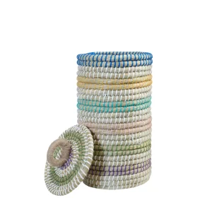 Open lid view of handmade multicolor seagrass cylinder basket showing interior storage.