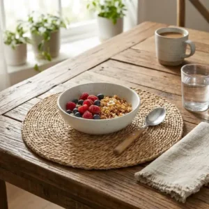 Round handwoven natural seagrass placemat with textured braided weaving and subtle coloured threads on a white background.