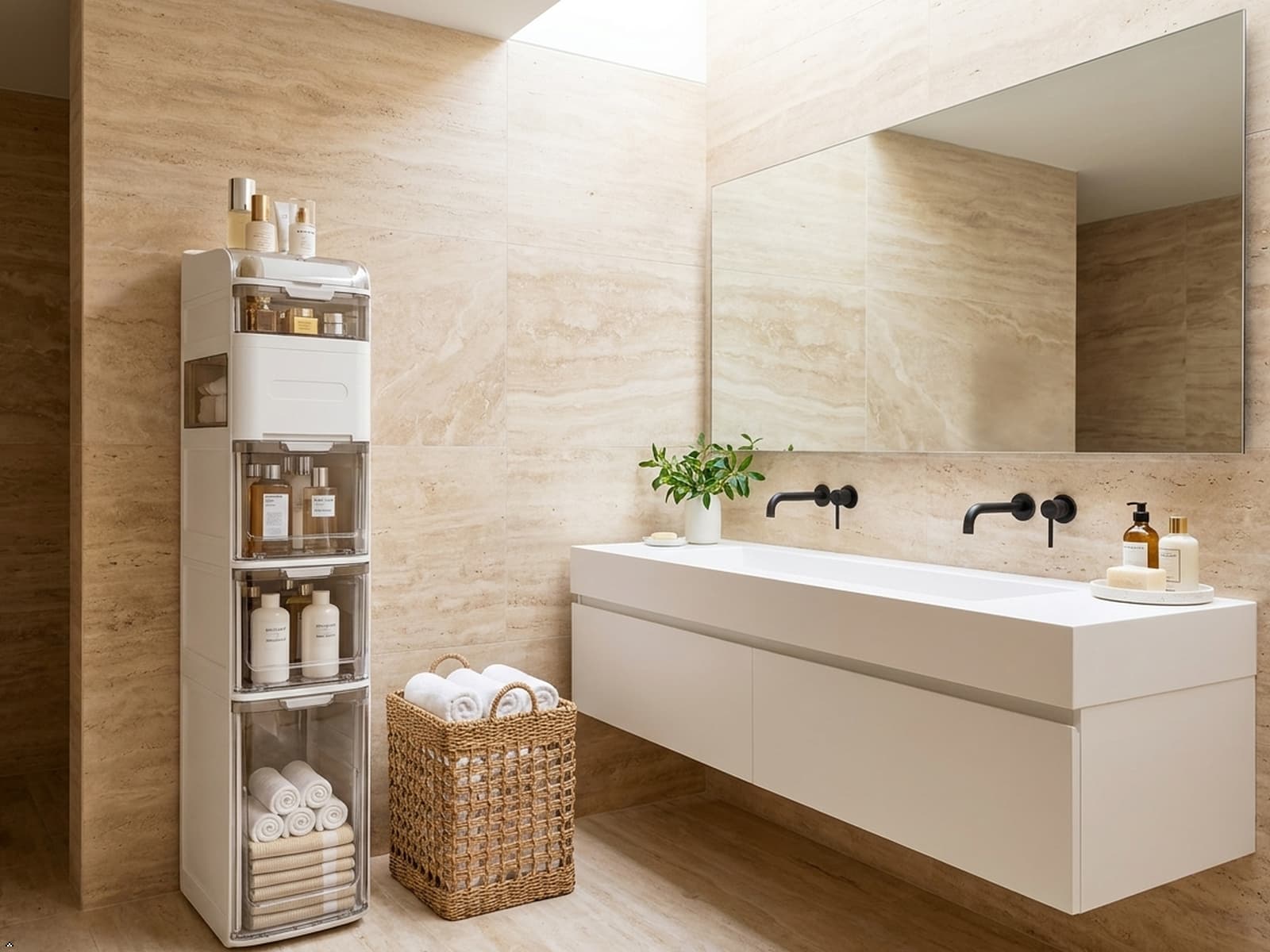 Modern bathroom featuring an Econest woven storage basket and Smart Q Classic storage cabinet for organized towel and toiletry storage.