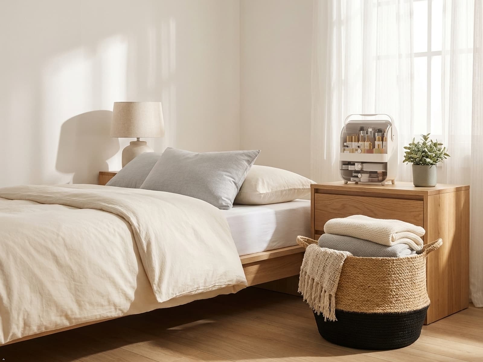 Modern bedroom featuring an Econest woven basket and Smart Q Classic storage organizer used for stylish bedroom storage.
