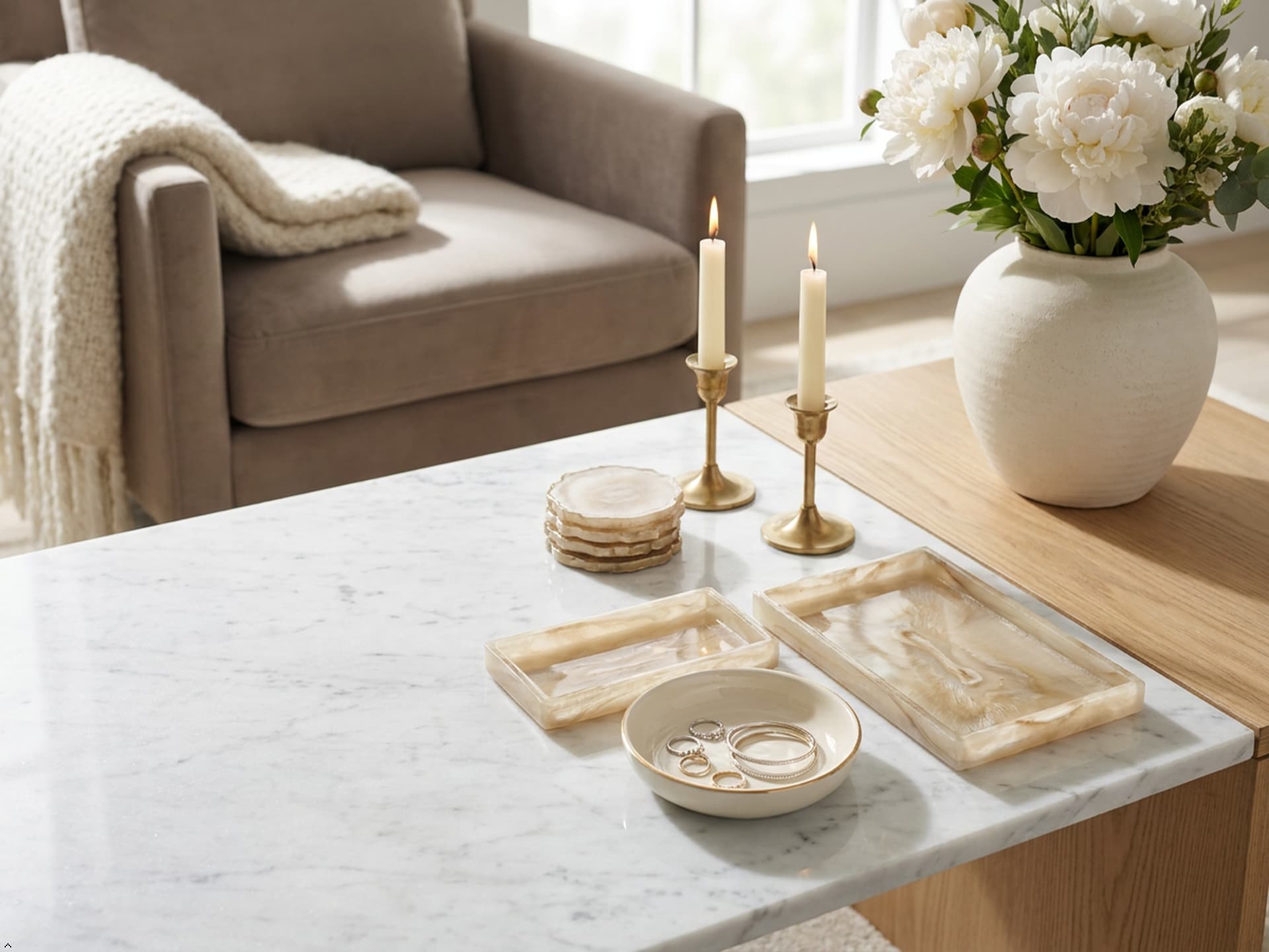 Decorative trays, jewellery bowls, coasters and elegant accessories styled in a modern home interior.