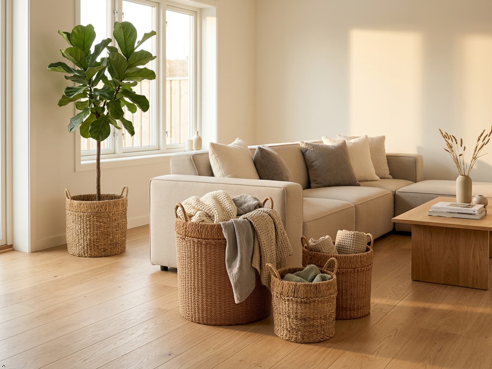Modern living space with decorative shelving, storage baskets, home accessories and indoor plants styled for everyday living.