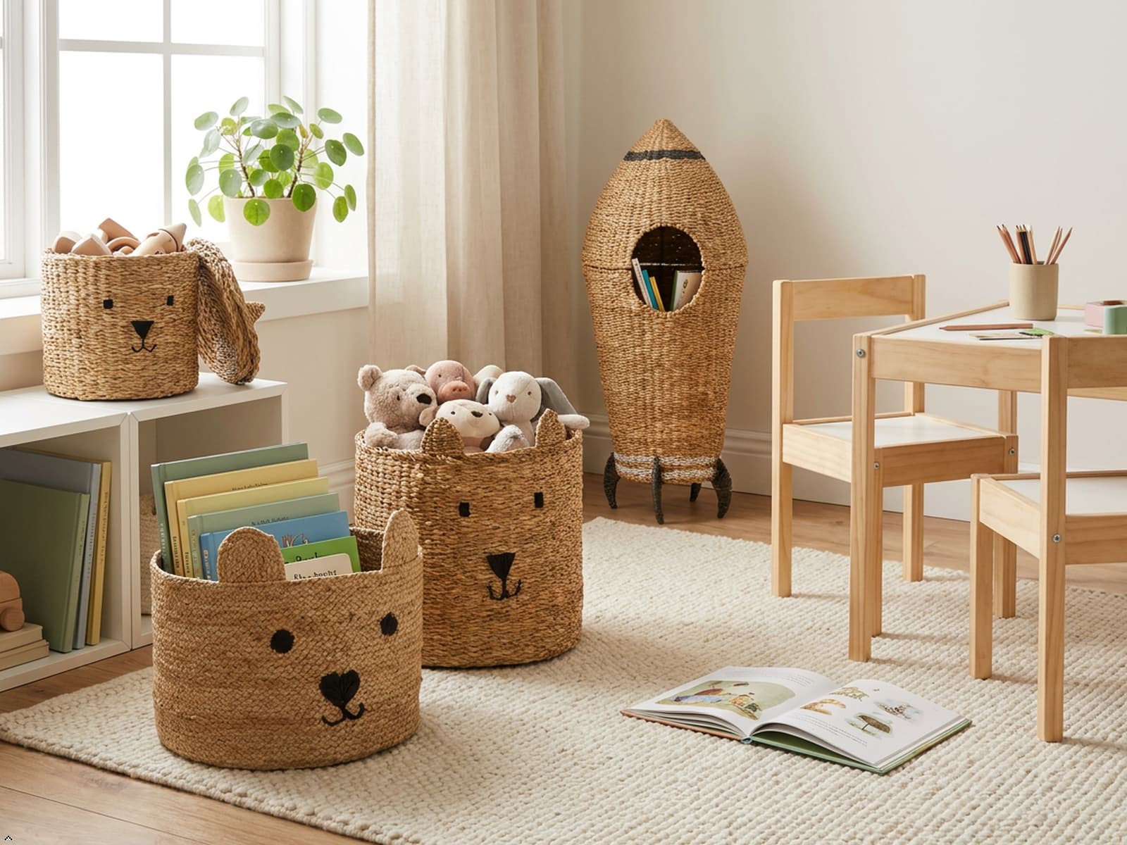 Handcrafted kids storage basket used for organizing toys, books and playroom essentials in a modern family home.