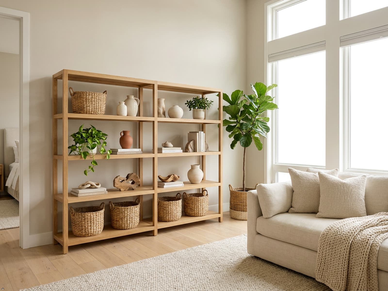 Modern living space with decorative shelving, storage baskets, home accessories and indoor plants styled for everyday living.