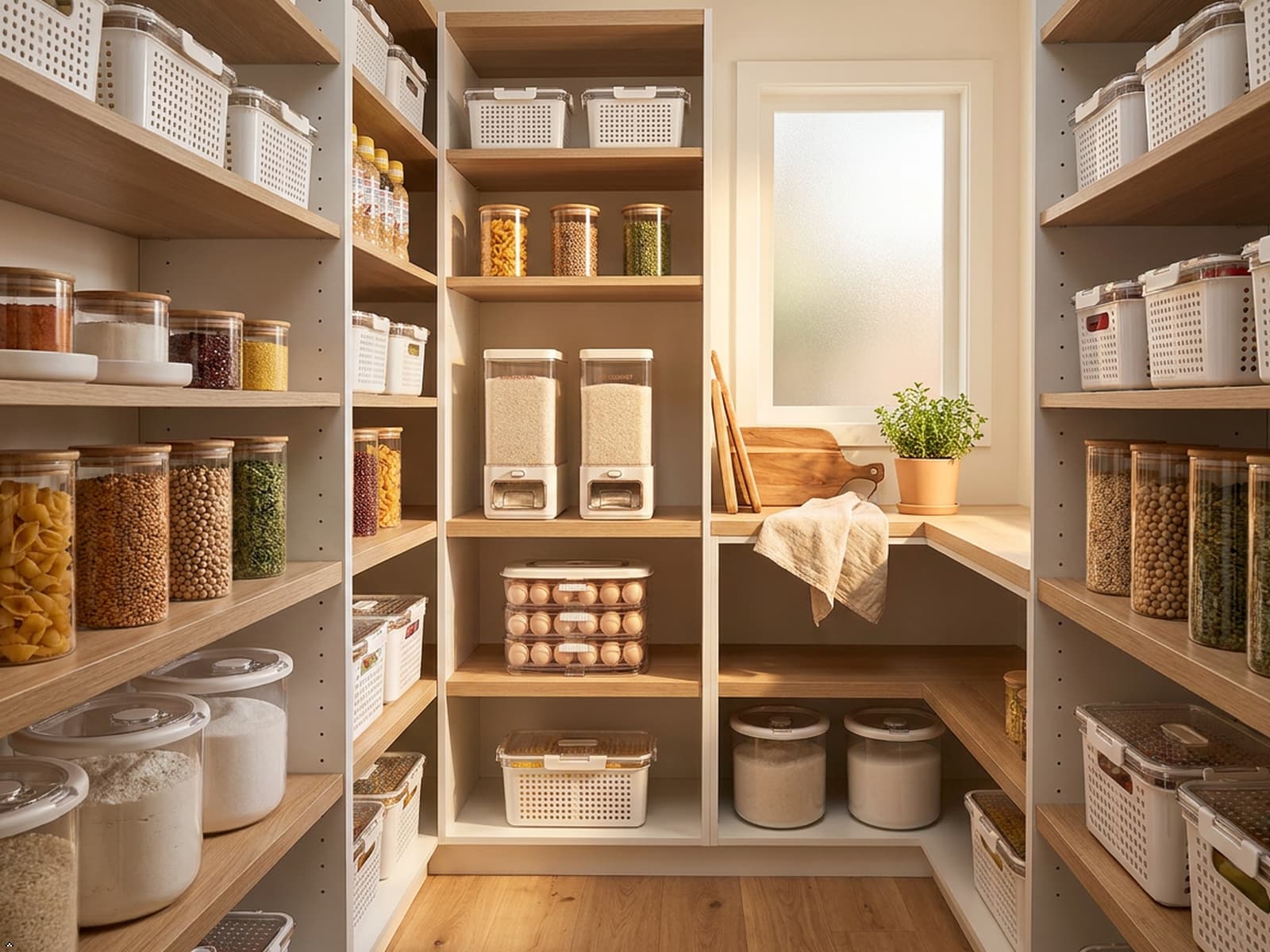 Organized pantry featuring food storage containers, storage jars, dispensers and space-saving organization solutions for a clutter-free home.