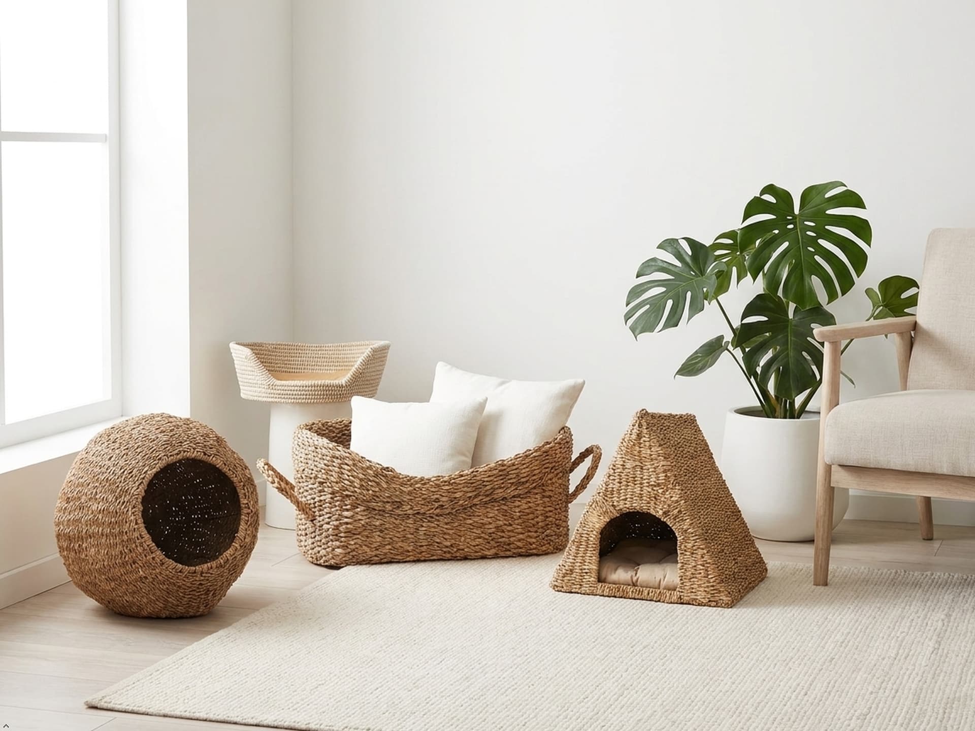 Handcrafted pet basket and natural pet bed styled in a cozy indoor living space.