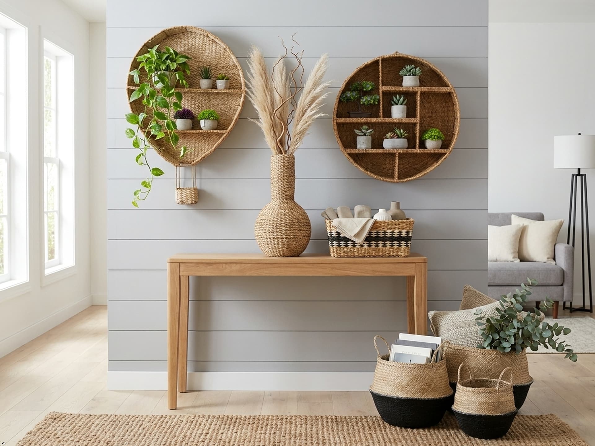 Handcrafted decorative accessories styled on shelves and tables in a beautifully designed home.
