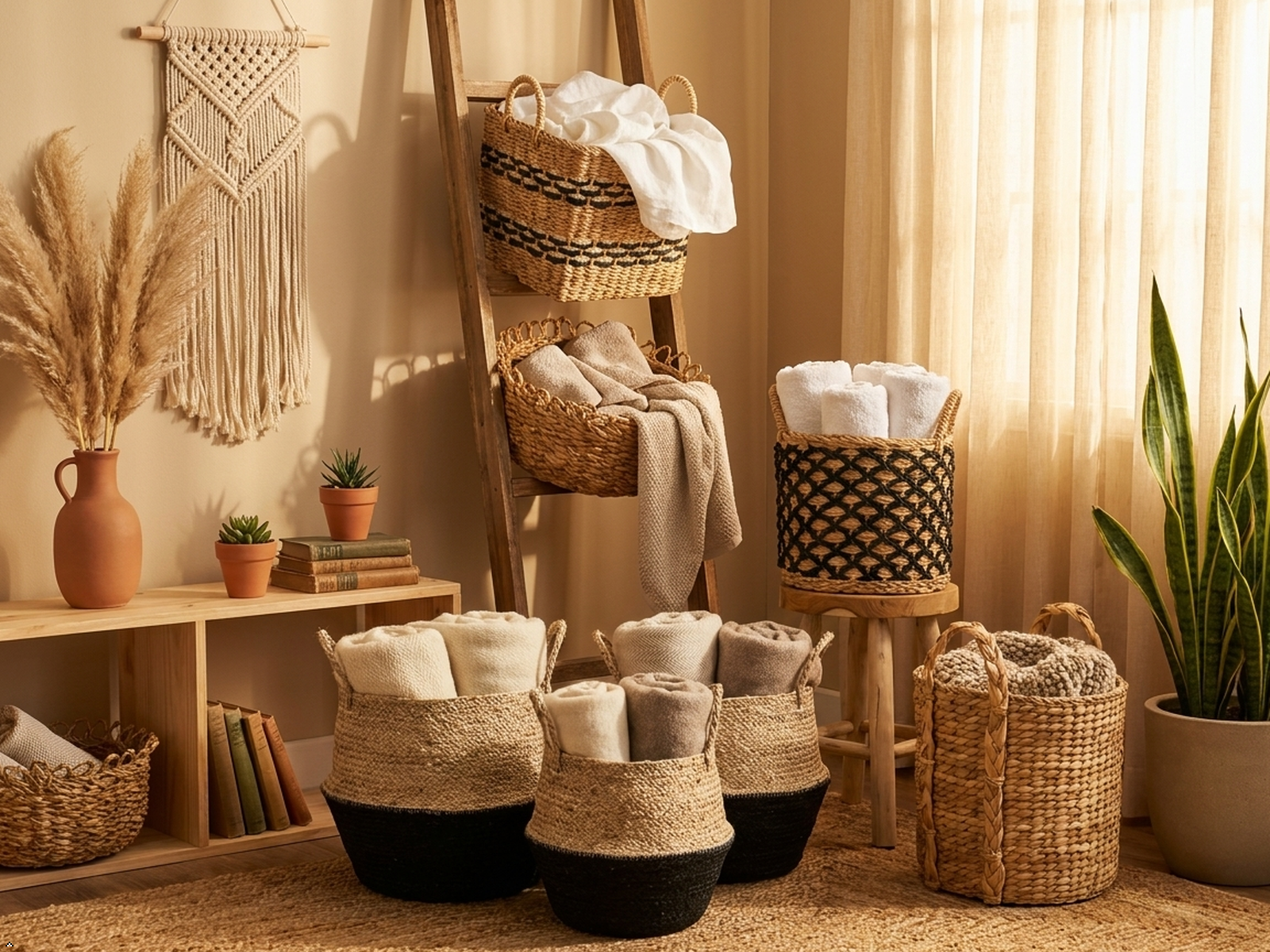 Handcrafted woven storage baskets displayed in a beautifully organized modern home.