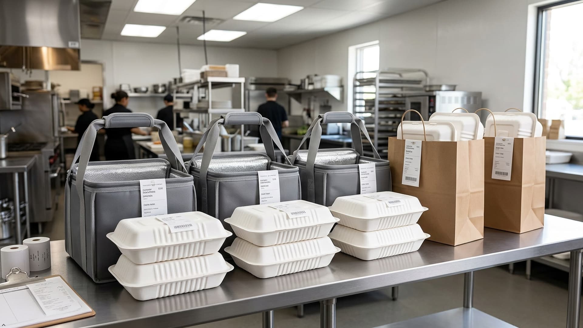 White sugarcane bagasse clamshell containers displayed in a professional food service environment.