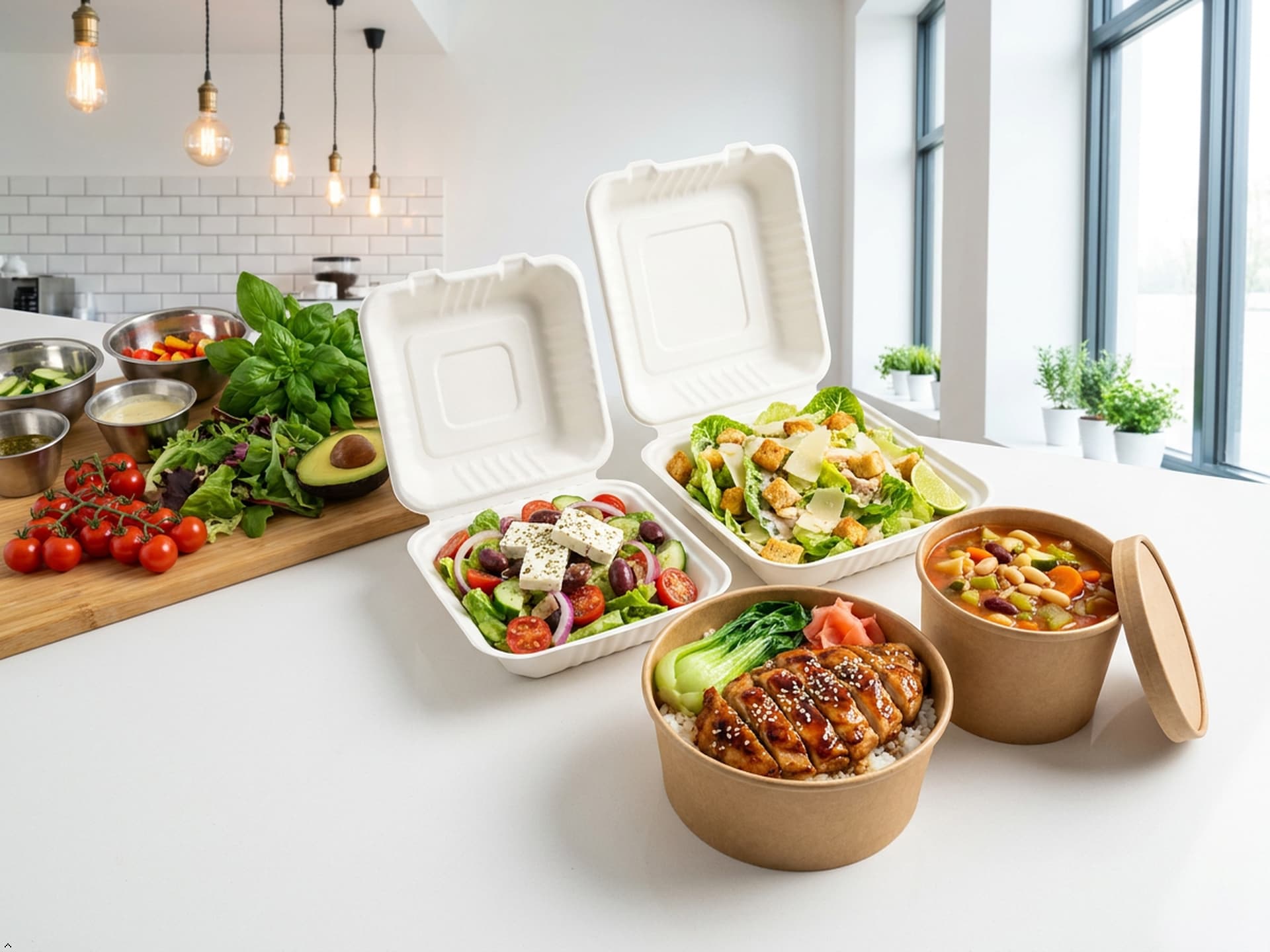Bagasse containers, kraft bowls and food packaging products displayed in a modern food-service environment.