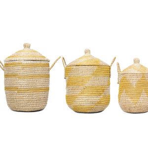 Handcrafted from natural seagrass, this Natural & Golden Yellow Striped Seagrass Laundry Basket combines stylish woven texture with practical storage. Featuring a fitted lid and sturdy side handles, it is ideal for laundry, blankets, towels, toys and everyday household storage. Available in Small, Medium, Large and a Set of 3.