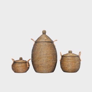 Black seagrass storage basket with lid, handwoven natural woven home storage basket