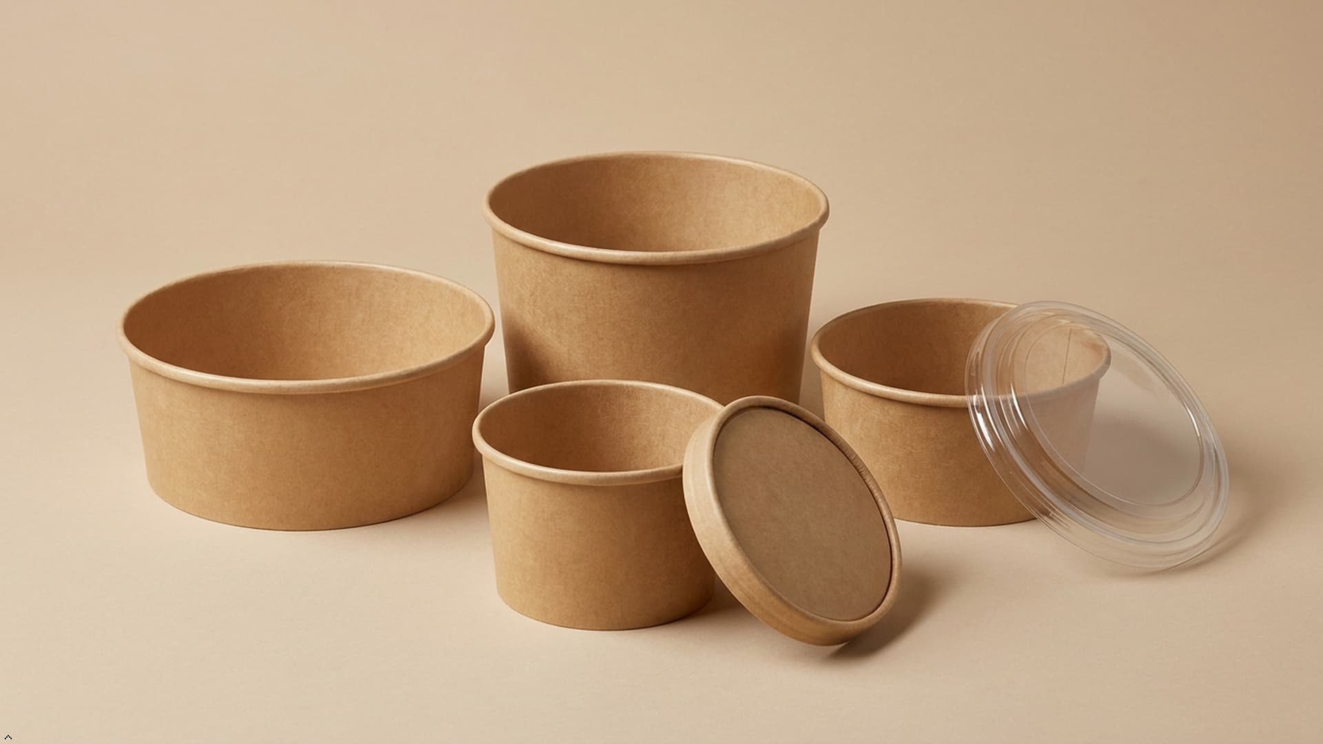 Ready-to-eat meals presented inside takeaway food bowls for grab-and-go food services.