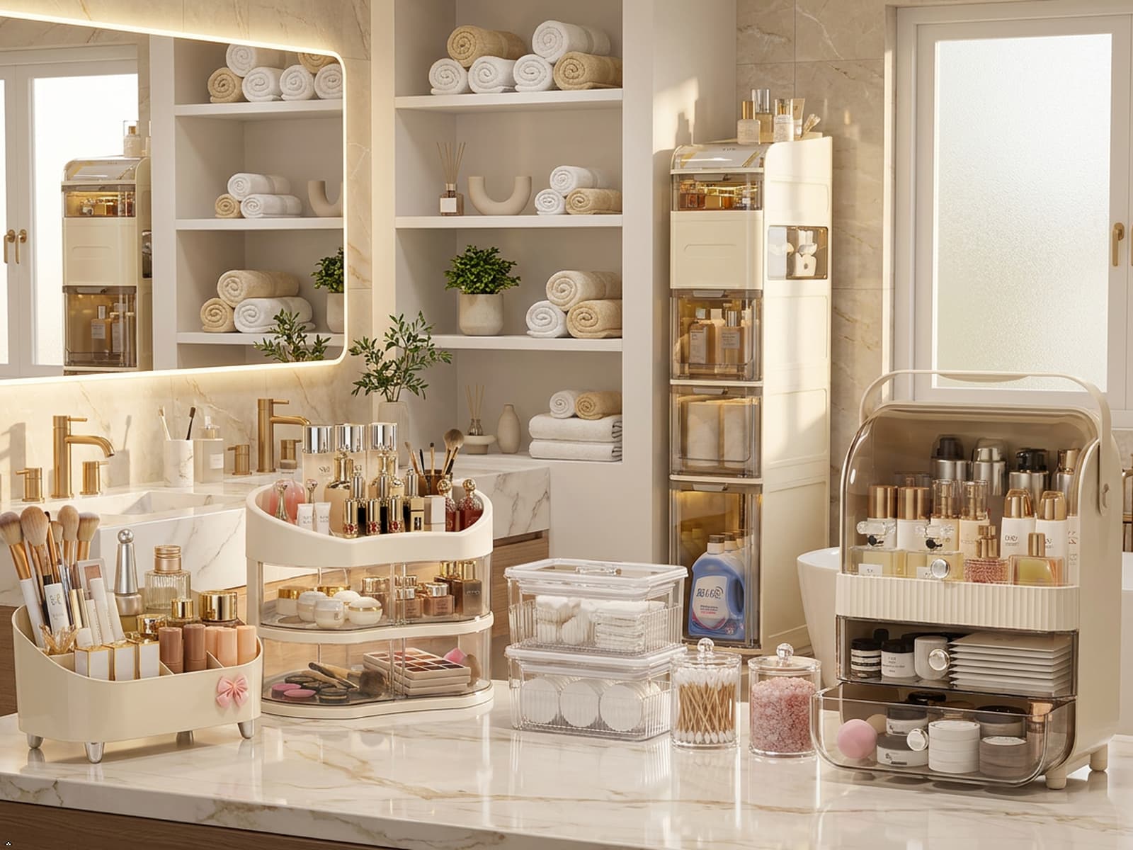 Beautifully organized bathroom featuring smart storage solutions and bathroom organizers.