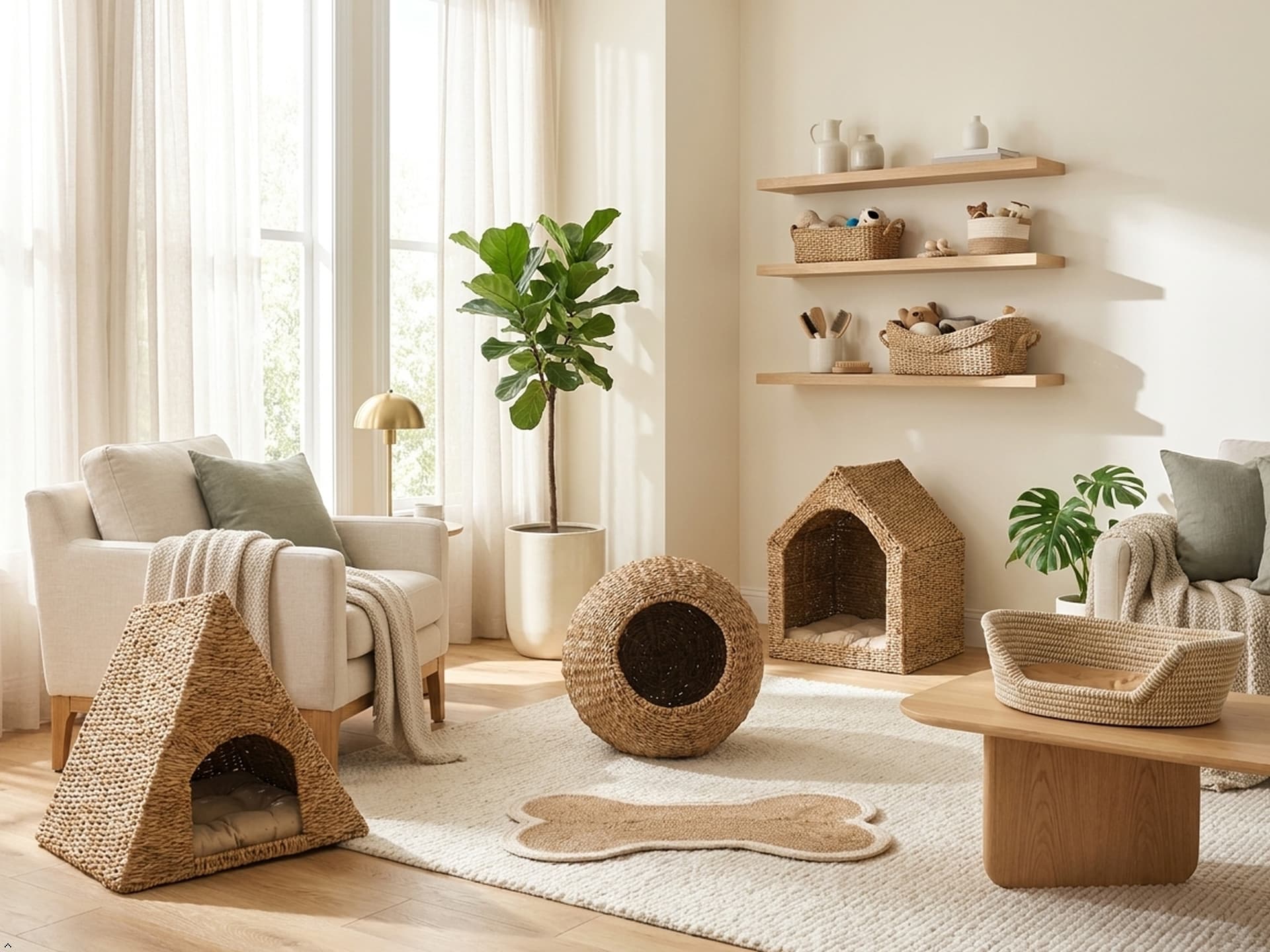 Handcrafted eco pet baskets and pet beds styled in a modern pet-friendly home.
