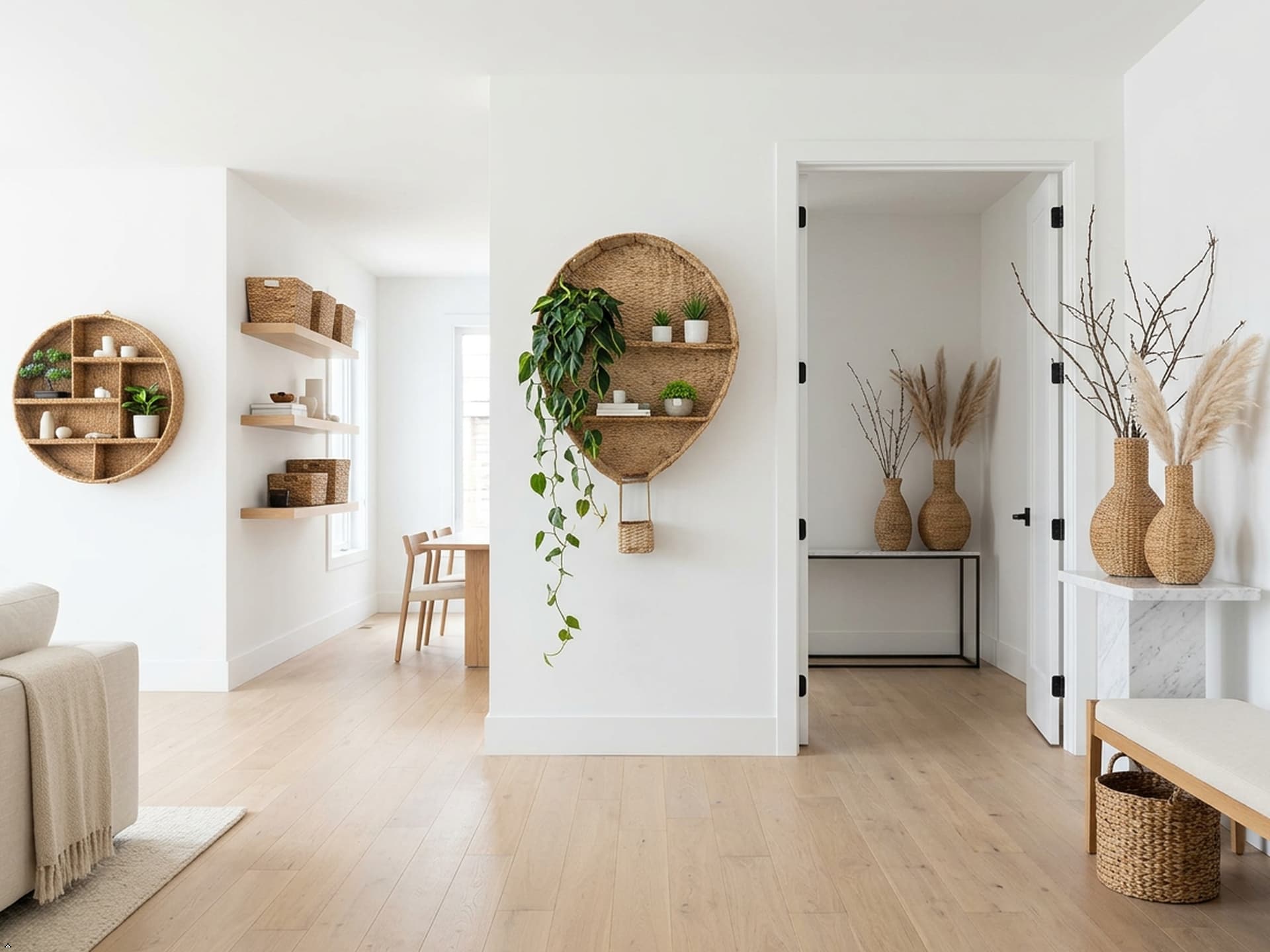Handcrafted decorative accessories styled throughout a modern home interior.