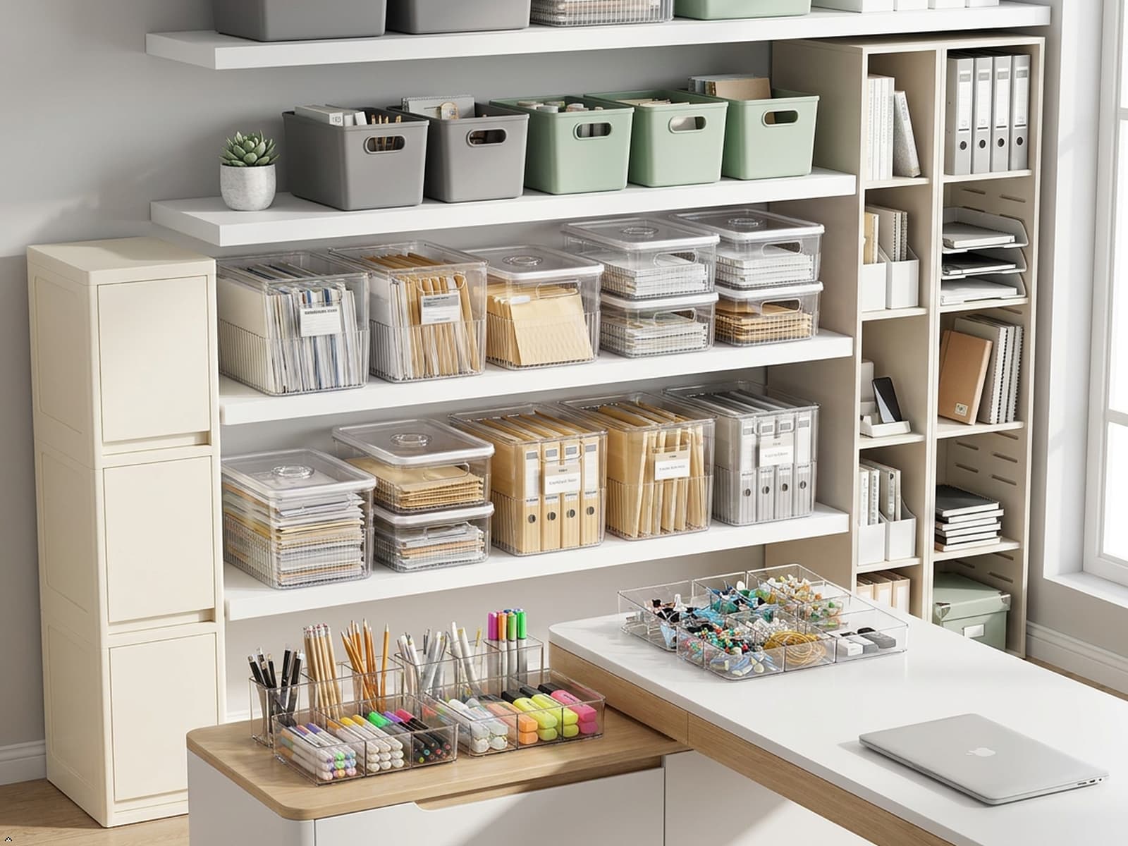 Organized home office with smart storage solutions, desk organization and workspace efficiency products.