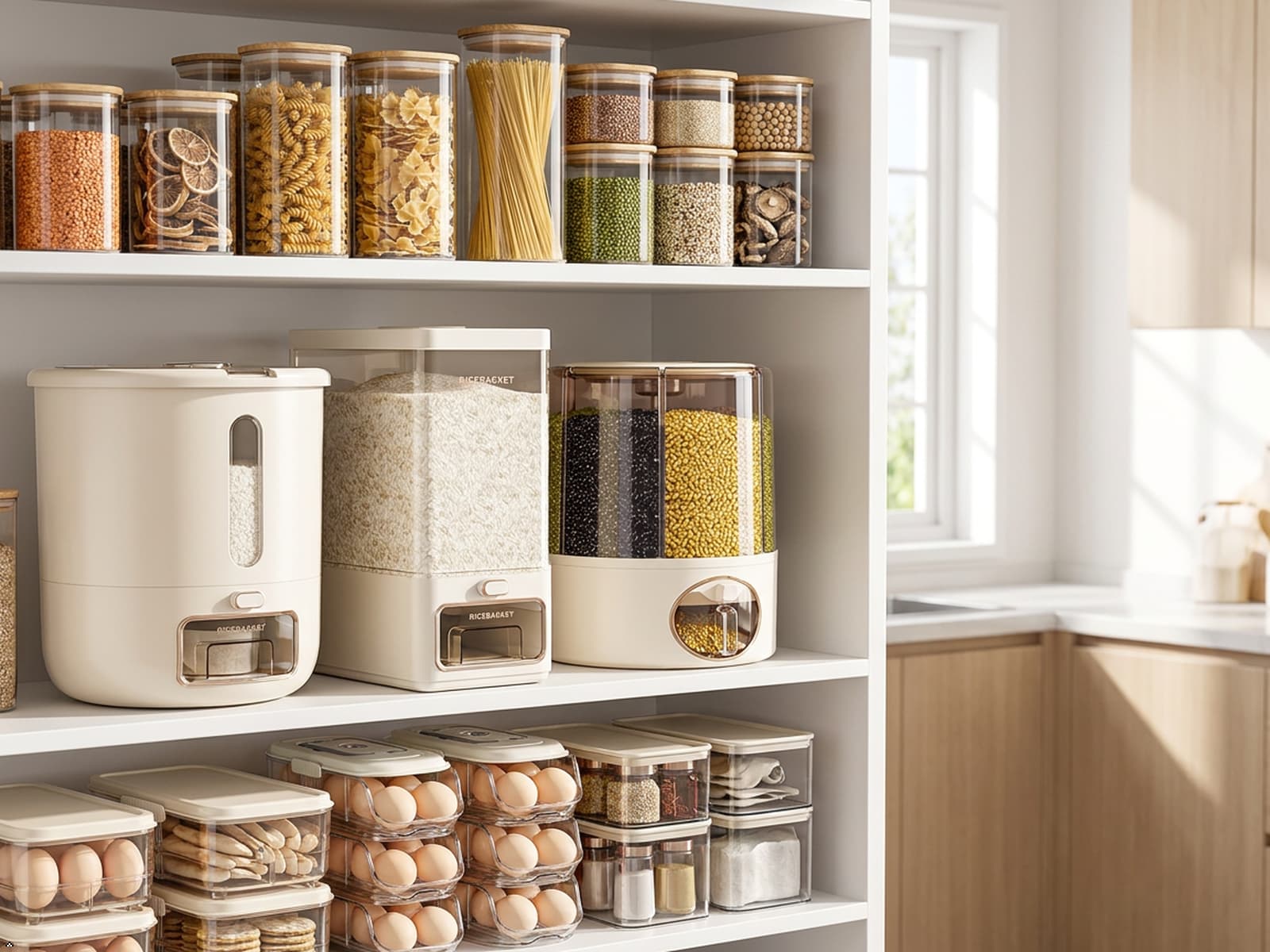 Beautifully organized kitchen featuring pantry storage, food containers and smart organization solutions.