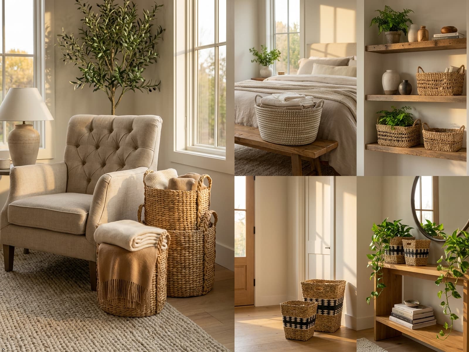 Handcrafted woven storage baskets styled throughout a modern home for organization and storage.