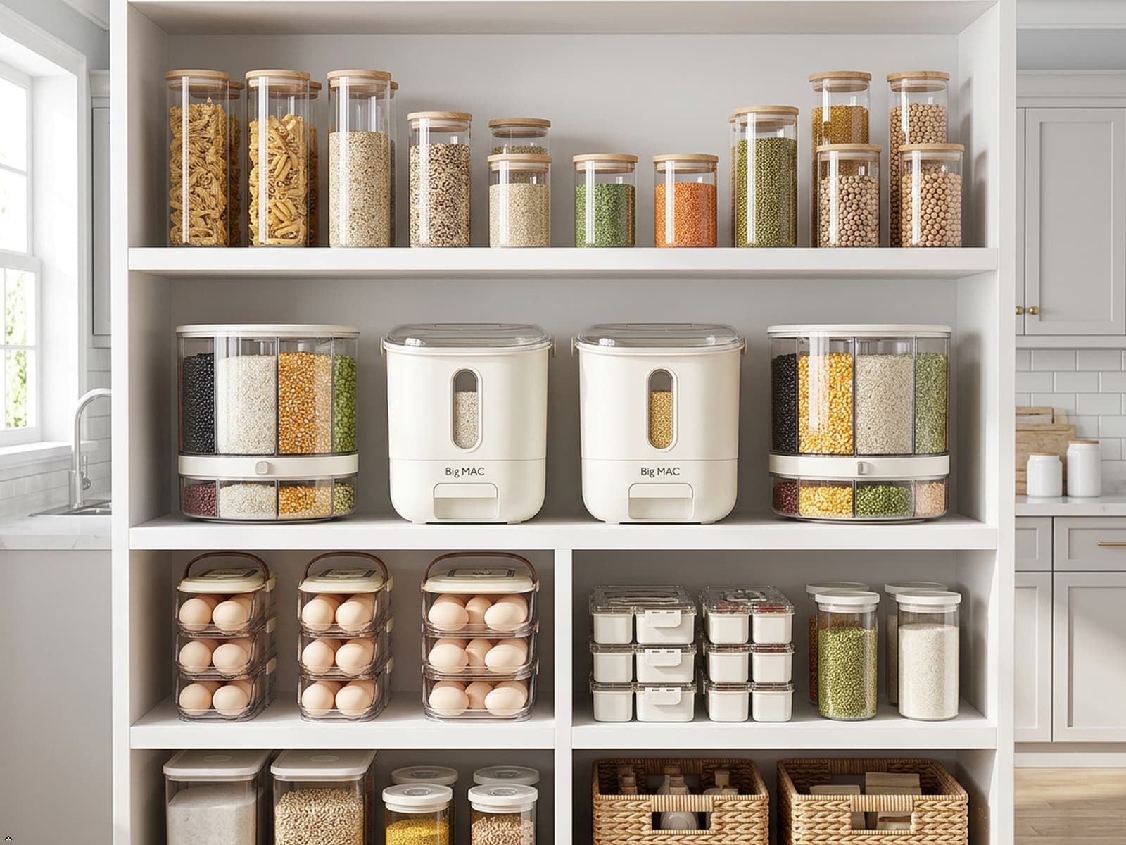 Kitchen storage containers and pantry organizers displayed in a beautifully organized modern kitchen.