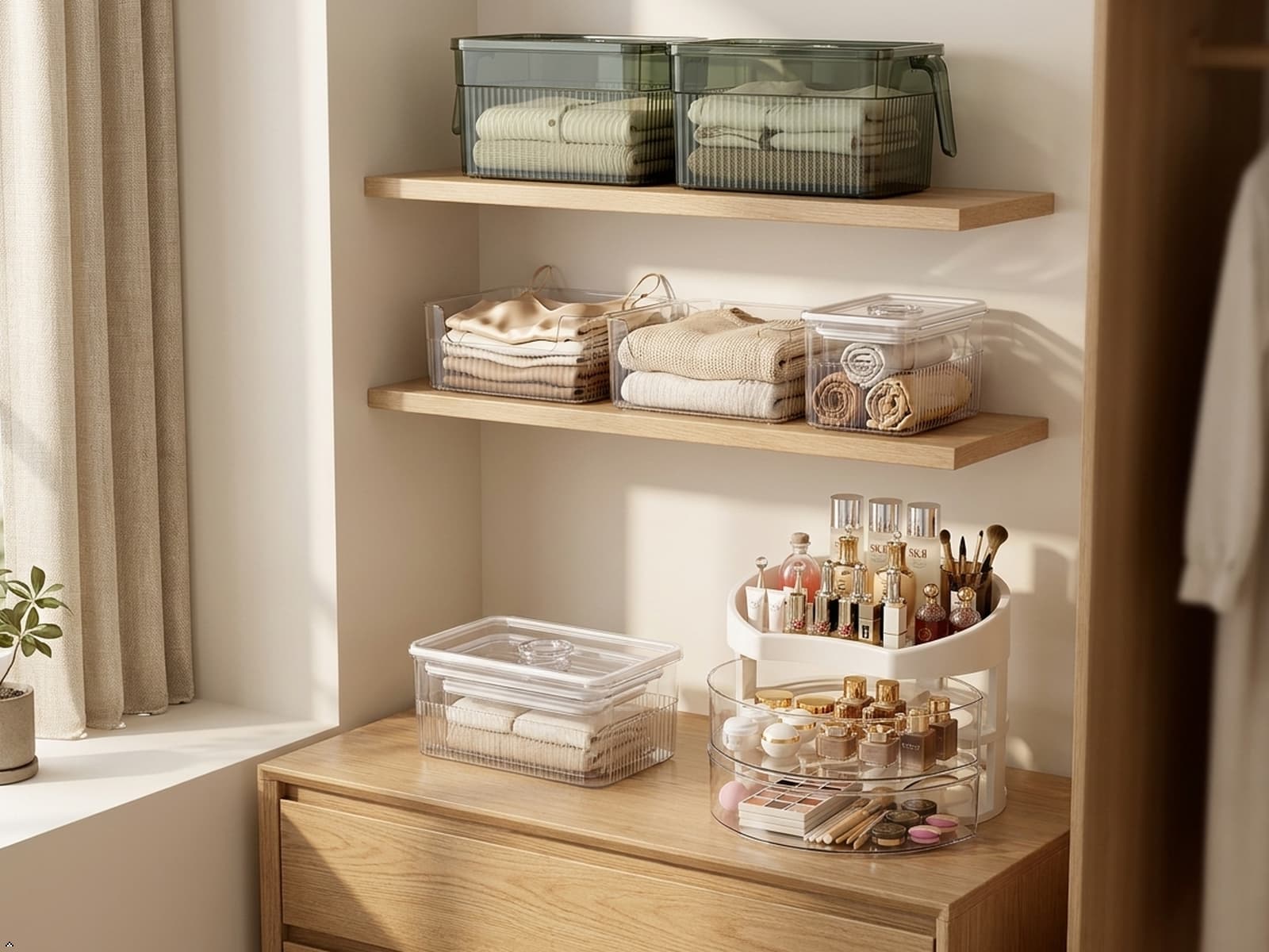 Bedroom storage boxes and organizers displayed in a clean and organized modern bedroom.