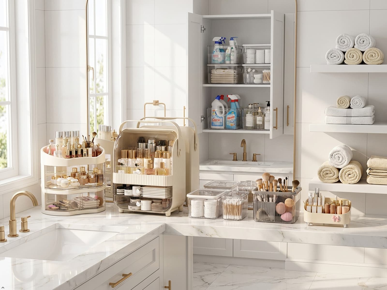 Bathroom storage solutions organizing toiletries, towels and beauty essentials in a modern bathroom.