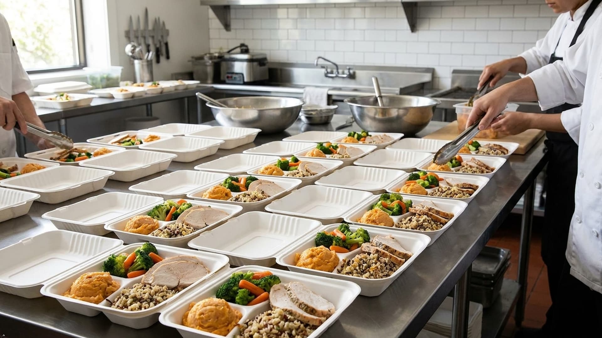 Prepared takeaway meals served in econest  sugarcane bagasse meal containers.