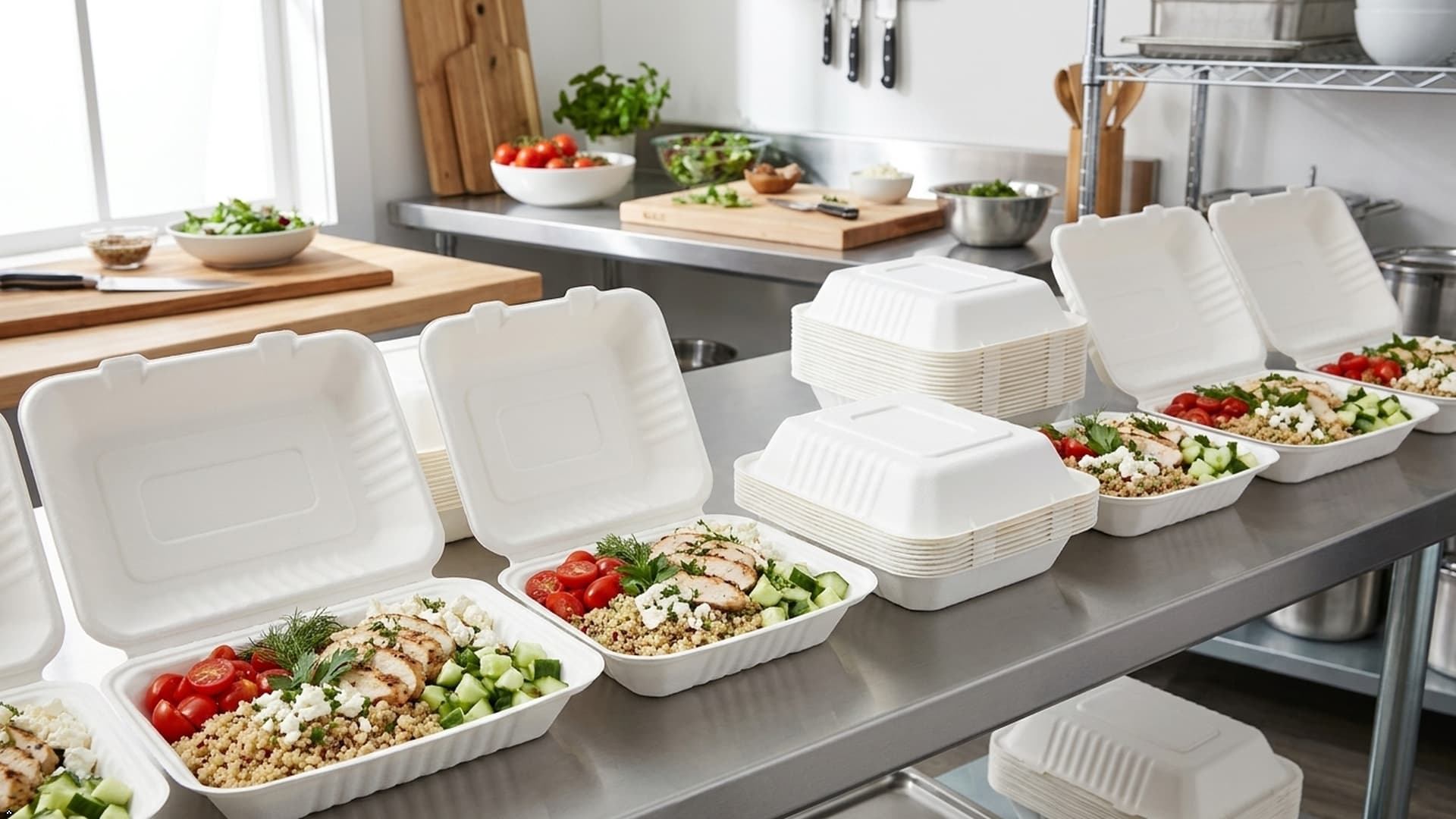 Sugarcane clamshell containers used in a restaurant takeaway food preparation environment.