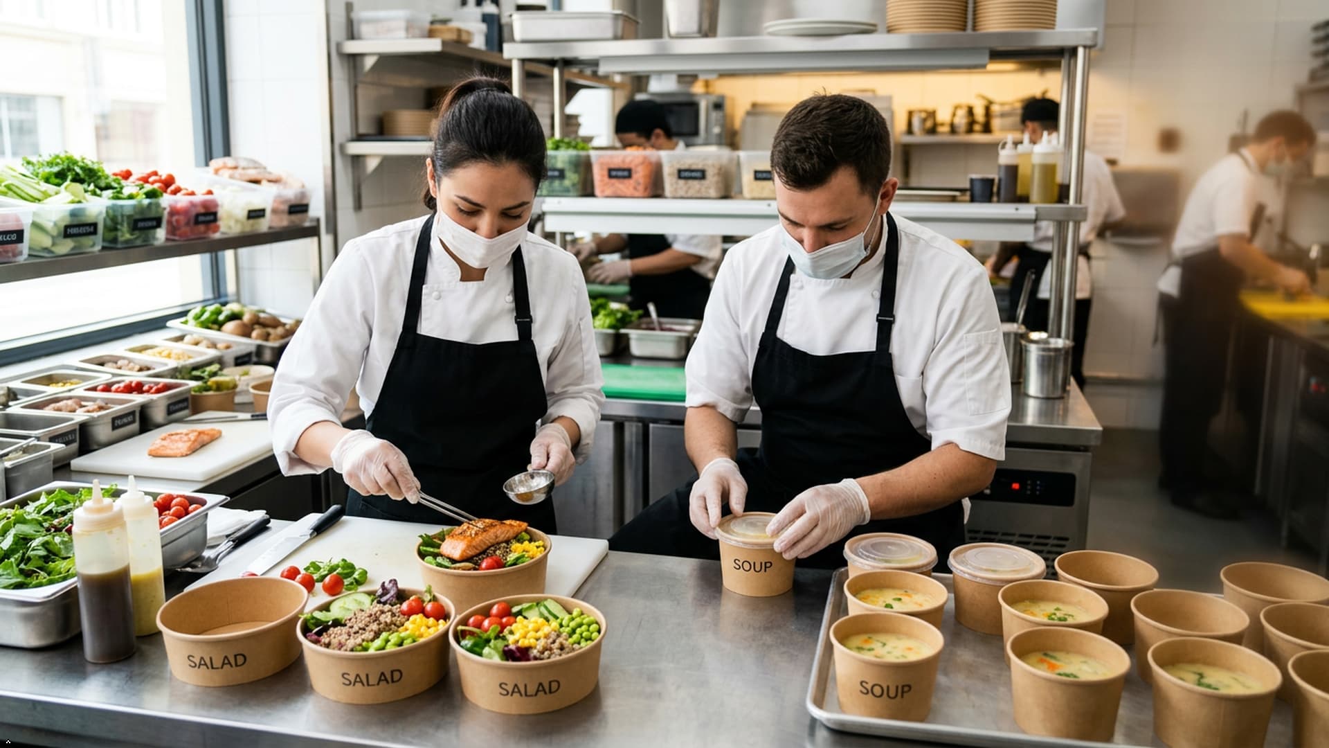 Fresh salads and hot soups served in professional kraft paper bowls and soup cups. | Econest 