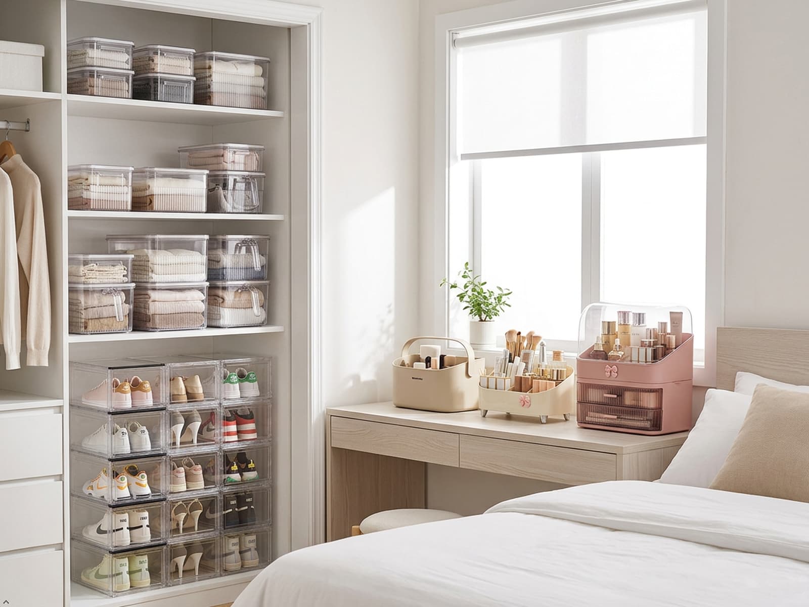 Organized bedroom featuring wardrobe storage, storage boxes and smart organization solutions.