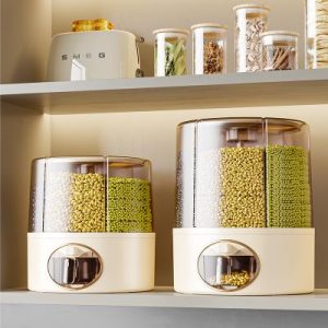 EcoNestEU rotating rice storage container with 6 compartments and dispensing drawer