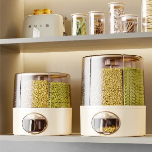 EcoNestEU rotating grain storage containers displayed in modern kitchen storage area