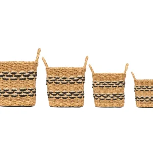 Econesteu JSSB-73JB black and natural jute braid seagrass storage basket set in four sizes.