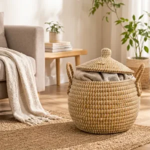 Natural straw laundry basket in natural and white woven design, handwoven storage basket for laundry, blankets and home organisation.