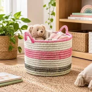 Handwoven pink and natural storage basket with handles for blankets, toys, laundry and decorative log storage
