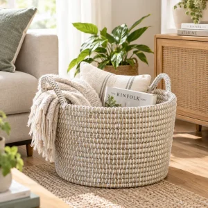 Handmade seagrass storage basket with integrated handles, featuring a neutral-tone natural and white woven design. Dimensions approximately 25cm height x 44cm diameter. Ideal for blankets, toys, laundry, magazines, and decorative log storage.