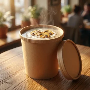 EcoNestEU kraft soup container filled with hot soup on wooden table