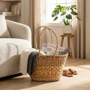 Natural seagrass shopping and storage basket with white fabric liner and braided handles, 25 cm high and 40 cm diameter.