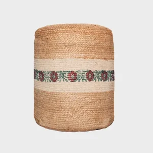 Handmade Jute Pouf – Natural Woven Footstool with Floral Detail -