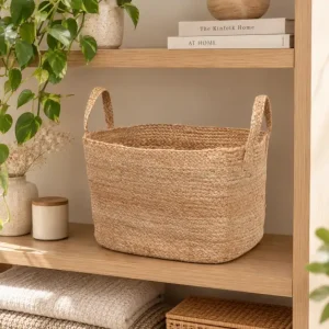 Natural woven jute square storage basket, 26 cm high and 36 cm deep, for home organisation and rustic décor.